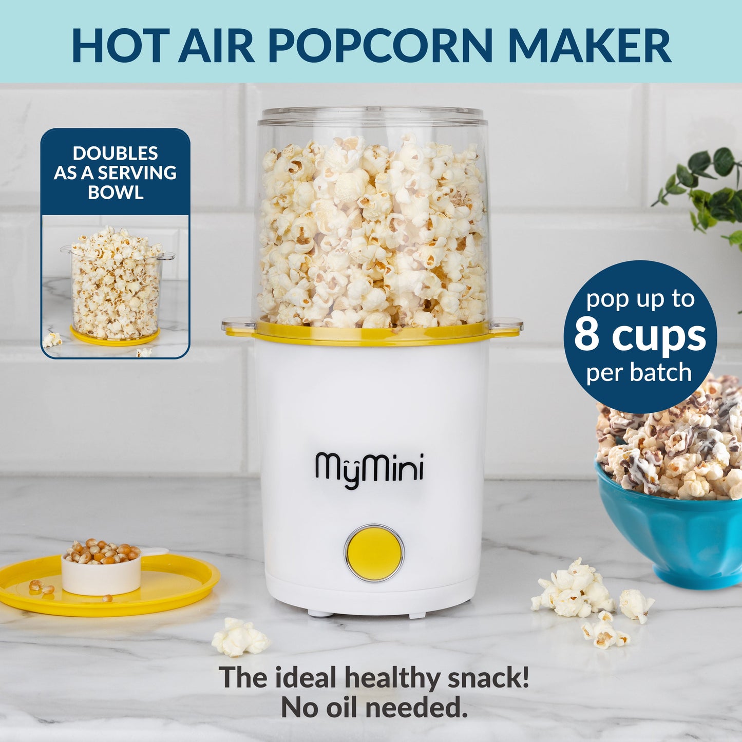 8-Cup Hot Air Electric Popcorn Popper and Bowl, 800 Watts, White & Yellow