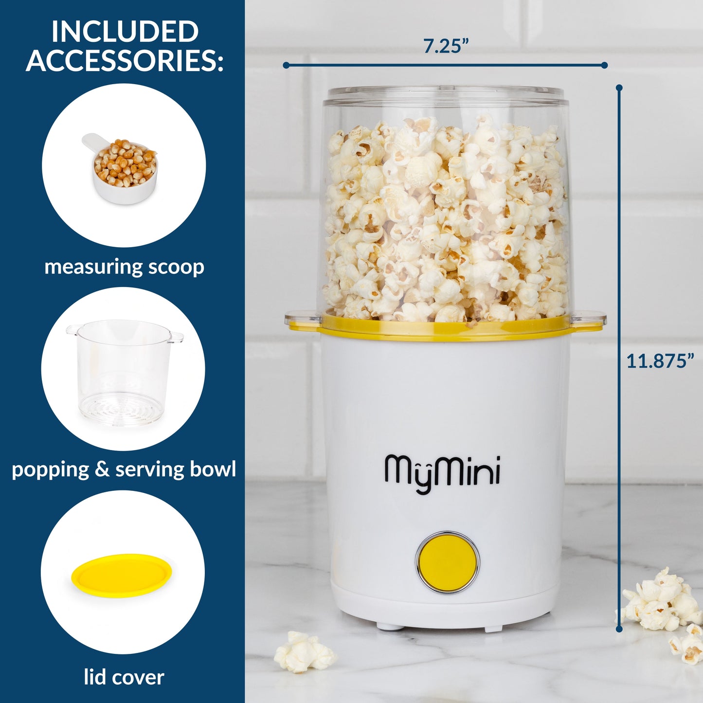 8-Cup Hot Air Electric Popcorn Popper and Bowl, 800 Watts, White & Yellow